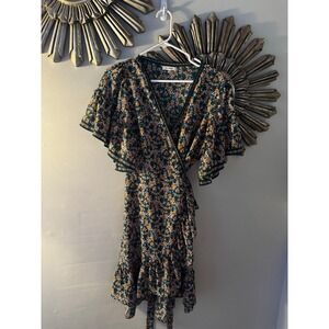 Max Studio Green Floral Wrap Dress Size Large Flutter Sleeve Ruffle Hem Midi